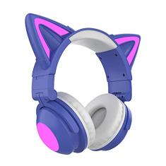 Fones de ouvido sem fio e com fio, orelha de gato LED luz acima Bluetooth sobre orelha Microfone Aurores de amacio de memória macia, fone de ouvido de jogo estéreo dobrável compatível para computador
