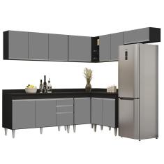 Armário De Cozinha Modulado De Canto 7 Peças Cp23 Balcão Com Tampo Preto-cinza - Lumil