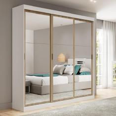Guarda Roupa Casal 3 Portas de Correr Branco 4 Gavetas Mega 1144 MDP com Espelho Móveis Carraro
