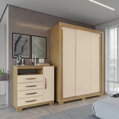 Kit Guarda Roupa Casal Dallas 3 Portas 2 Gavetas e Cômoda Aspen 1 Porta 4 Gavetas I01 - Clique Chique Móveis