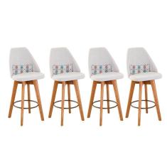 Kit 04 Banquetas Alta Maya Giratória Com Encosto Linho Bege Claro e Almofada Mosaico - Aurora Line