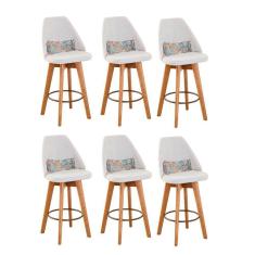 Kit 06 Banquetas Alta Maya Giratória Com Encosto Linho Bege Claro e Almofada Folhas - Aurora Line