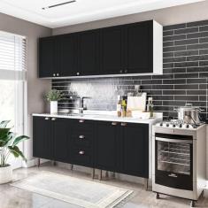 Cozinha Pérola com Rodapé 4 Peças Aéreos com 5 Portas, Balcão 2 Gavetas 3 Portas e Balcão 2 Portas Y Branco/Preto