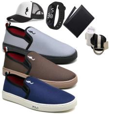 Kit 3 Pares Tênis Slip On Masculino Lona + Carteira + Relógio + Cinto 