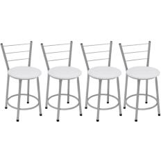 Kit 4 Banquetas Baixas Prata com Encosto Assento Branco