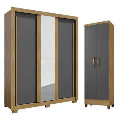 Guarda Roupa Solteiro Nevoa Flex 3 Portas de Correr com Espelho e Armário Multiuso Egito Carvalho Americano Grafite - Incorplac