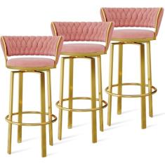 Conjunto de banquetas giratórias de 360° com altura de 1/2/3/4, banquetas de veludo com costas abertas e apoio para os pés dourado/preto, cadeiras de jantar para pub da ilha da cozinha, perna dourada