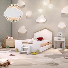 Cama de Criança Infantil Montessoriana com Escadinha Juvenil Ayla Branca/natural Luminária Led