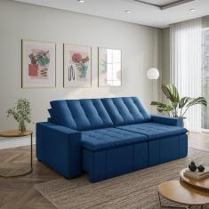 Sofá Cama Retrátil E Reclinável 4 Lugares 240cm Em Veludo Com Molas E Braço Reto Palmeira Cabecasa M Azul