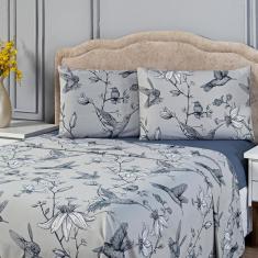 Jogo De Cama Lençol Beija-flor Azul-cinza Solteiro 03 Peças Estampado Percal 300 Fios Acetinado