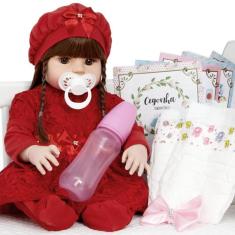 Bebê Boneca Reborn Cabelo Castanho 100% Silicone + Enxoval - Cegonha R