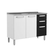 Balcão de Cozinha Gabinete c/ Pia Evidence 7025 3 Portas 2 Gavetas 120cm Branco/Preto - Bertolini