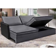 Sofá Sem Caixa Retrátil Baú 1,75m Cama Inbox Grace Tecido Linho E Courino Cinza Escuro