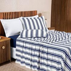 Jogo De Cama 100% Algodão Marin Casal Padrão 04 Peças - Marinho