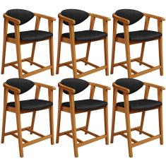 Kit 06 Banquetas Baixa Para Cozinha Sala Jantar Bancada Cecília L02 Couríssimo Preto - Lyam Decor