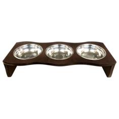 Comedouro Madeira Com 3 Potes Em Inox Para Pet Cachorro Gato - JKVERAS