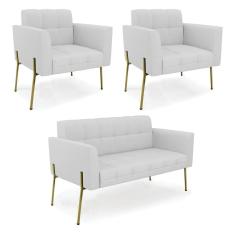 Sofá Namoradeira E 2 Poltronas Pé De Ferro Dourado Elisa Linho Cinza A05 D03 - D'rossi