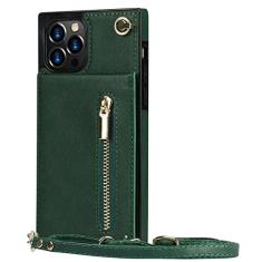 Carteira com zíper para iPhone 13 12 Mini 14 11 X XR XS Pro Max 7 8 Plus Case com alça de cordão de cartão Capa de couro transversal, verde, para iPhone 13 Pro