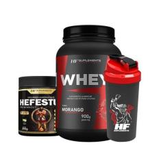 Whey protein morango 900g + pré treino limonada + coq - HF SUPLEMENTS,
