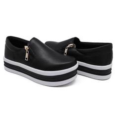 Tênis Slip On Liso com Zíper Lateral Amanda Block Solado Alto em Borra