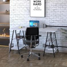 Escrivaninha Cavalete 150cm 4 Prateleiras Estilo Industrial Kuadra Compace Branco Chess/preto