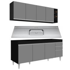 Armário Aéreo Nevada E Balcão Gabinete 180cm Com Pia Dallas Preto-cinza - Lumil