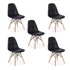 Conjunto 5 Cadeiras Dkr Charles Eames Wood Estofada Botonê - Preta  -