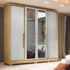 Guarda-Roupa Casal 4 Portas 2 Gavetas com Espelho Mônaco Freijó/Off White