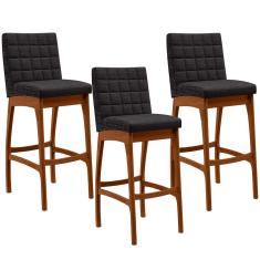 Kit 03 Banquetas Altas Para Cozinha Sala de Jantar Fixa Mila B04 Linho Chumbo - Lyam Decor