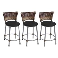 Kit 3 Banquetas Baixas Prata com Encosto Junco Capuccino Assento Preto