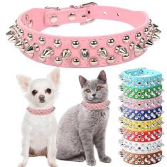 Coleira pontiaguda rosa para cães, coleiras para filhotes de cachorro com espinhos de couro, cogumelos, rebites, fêmeas, cravejadas, ajustáveis, para gatinhos, PPP, PP