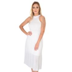 Vestido Festa Médio Decote Nadador Verão Rendado Tricot Livora, Branco