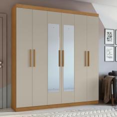 Guarda-roupa Casal 6 Portas 3 Gavetas Jazz com espelho Amêndoa Clean/off White