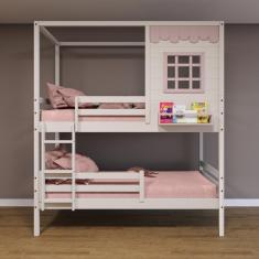 Beliche Casinha Reta com Grade Removível Madeira Maciça Branco/ Rosa Housin