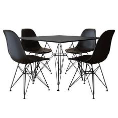 Conjunto Jantar Eames De Ferro Preto E Tampo Quadrado Preto 90cm 4 Cad