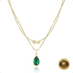 Cordão Feminino Veneziana Ouro 18k 50cm Gota De Zircônia 9mm Verde Esm