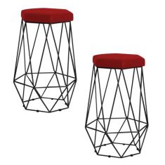 Kit 2 Banqueta Decorativa Rubel Base Preta Veludo Vermelho G41 - Gran 