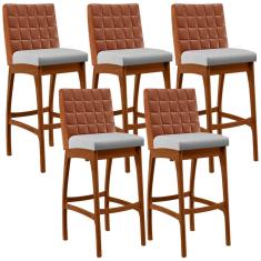 Kit 05 Banquetas Altas Cozinha Sala Jantar Fixa Mila B04 Couríssimo Camel Linho Cinza - Lyam Decor