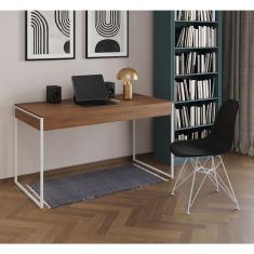 Escrivaninha Industrial Escritório Malta Amêndoa 137X53Cm Com 1 Cadeira Preta Base Ferr Cor: Amendoa