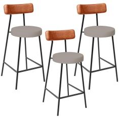 Kit 03 Banquetas Baixa Bar Cozinha Sala Jantar Milão L02 Couríssimo Camel Linho Bege - Lyam Decor