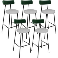 Kit 05 Banquetas Alta Cozinha Bar Sala De Jantar Milão L02 Facto Verde Musgo Linho Cinza