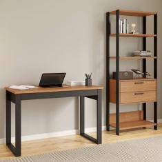 Mesa De Escritório 1 Gaveta 118Cm Com Estante Torre 2 Gavetas Freijó/Preto