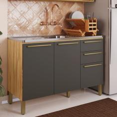 Balcão De Cozinha Para Pia 120cm Com 3 Portas 2 Gavetas Sem Tampo 100% Mdf Itália Amêndoa-chumbo