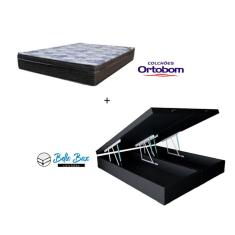 Cama Box Baú Queen 158 Tecido Sintético Preto Com Colchão - D26 Ortobom iso Superpocket 66X158X198