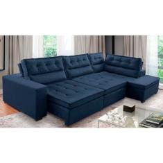 Sofá de Canto Retrátil e Reclinável com Molas 3,00x2,00 Virginia Suede Azul Adonai Estofados