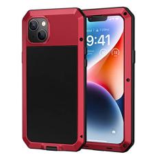 Lanhiem Capa de metal para iPhone 14, capa resistente à prova de choque resistente com protetor de tela de vidro integrado, capa protetora à prova de poeira de corpo inteiro 360 para iPhone 14 de 6,1
