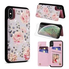 Asuwish Capa de celular para iPhone Xs Max carteira com protetor de tela de vidro temperado porta-cartão de flor suporte para cartão i X XR Xsmax 10x SX Xmax 10xs 10s 10 Plus Xmaxs mulheres meninas