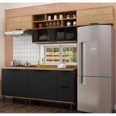 Cozinha Modulada Toscana em Mdf 5 Peças com Aéreo 1200 Porta de Vidro e Aéreo Geladeira com Tampo Freijó/Nero