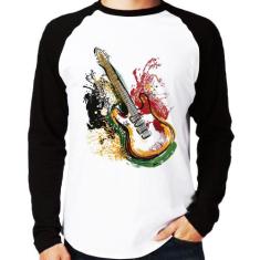 Camiseta Raglan Guitarra Reggae Manga Longa - Foca na Moda, Branco, Pr