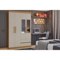 Guarda Roupa Solteiro 4 Portas E 2 Gavetas C- Espelho Zeus Amêndoa-off White - Lopas